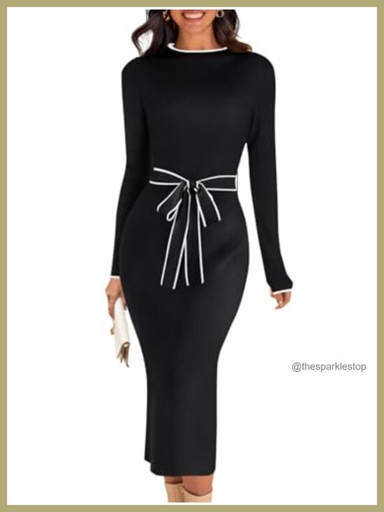 Dresses & Skirts - Women's Long Sleeve Bodycon Tie Waist Midi Sweater Dress Ribbed Knit Mock Neck